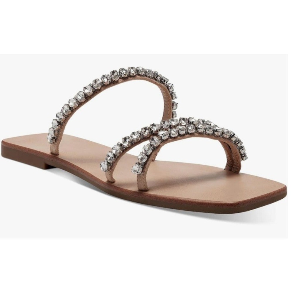 INC Nude Bling Triple Rhinestone Strap Sandals Flats‎ Glam 5M Reception Prom NEW